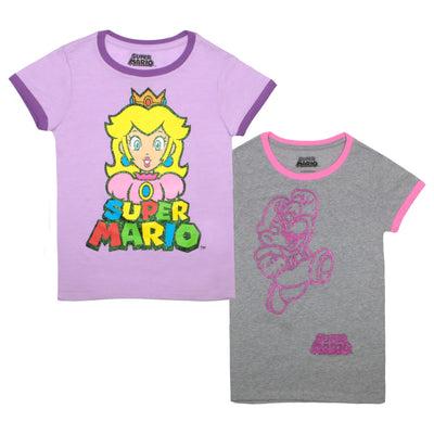 NINTENDO Super Mario T-Shirts for Girls 2-Pack, Super Mario Princess Peach Girls Tees 2-Pack Bundle