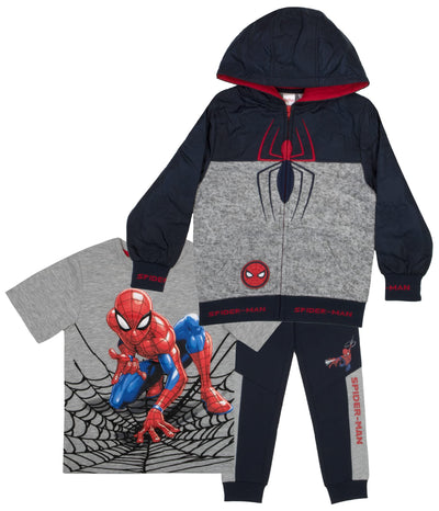 Marvel Spiderman Boys 3 Piece Fleece Pants Set, Spider-Man Zip-Up Hoodie, T-Shirt, and Pants 3-Pack Bundle Set