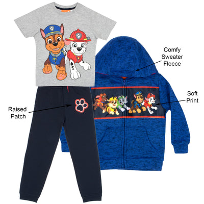 Nickelodeon Paw Patrol Boys 3 Piece Fleece Pants Set, Paw Patrol Zip-Up Hoodie, T-Shirt, and Pants 3-Pack Bundle Set