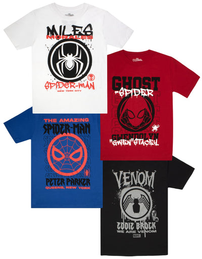 Marvel Spider-Man Spiderverse Avengers Short Sleeve Tee 4-Pack, Miles Morales Spider Gwen Boys 4 Pack T-Shirt Set