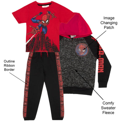 Marvel Spiderman Boys 3 Piece Fleece Pants Set, Spider-Man Zip-Up Hoodie, T-Shirt, and Pants 3-Pack Bundle Set