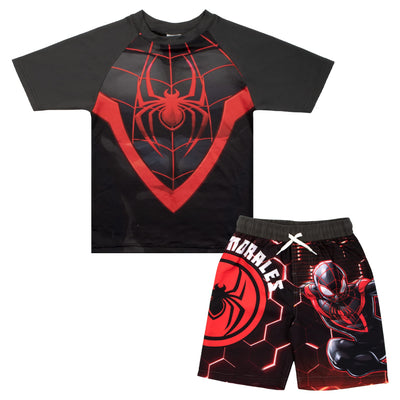 MARVEL Boys Avengers Spiderman Black Panther Miles Morales 2-Piece Costume Swimsuit Set, Rash Guard & Swim Trunks for Boys