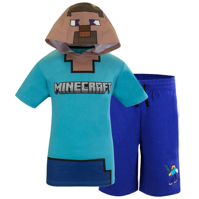 Minecraft Boys Costume Short Set with Black TNT Short and Mincraft Logo on Green Hooded T-Shirt