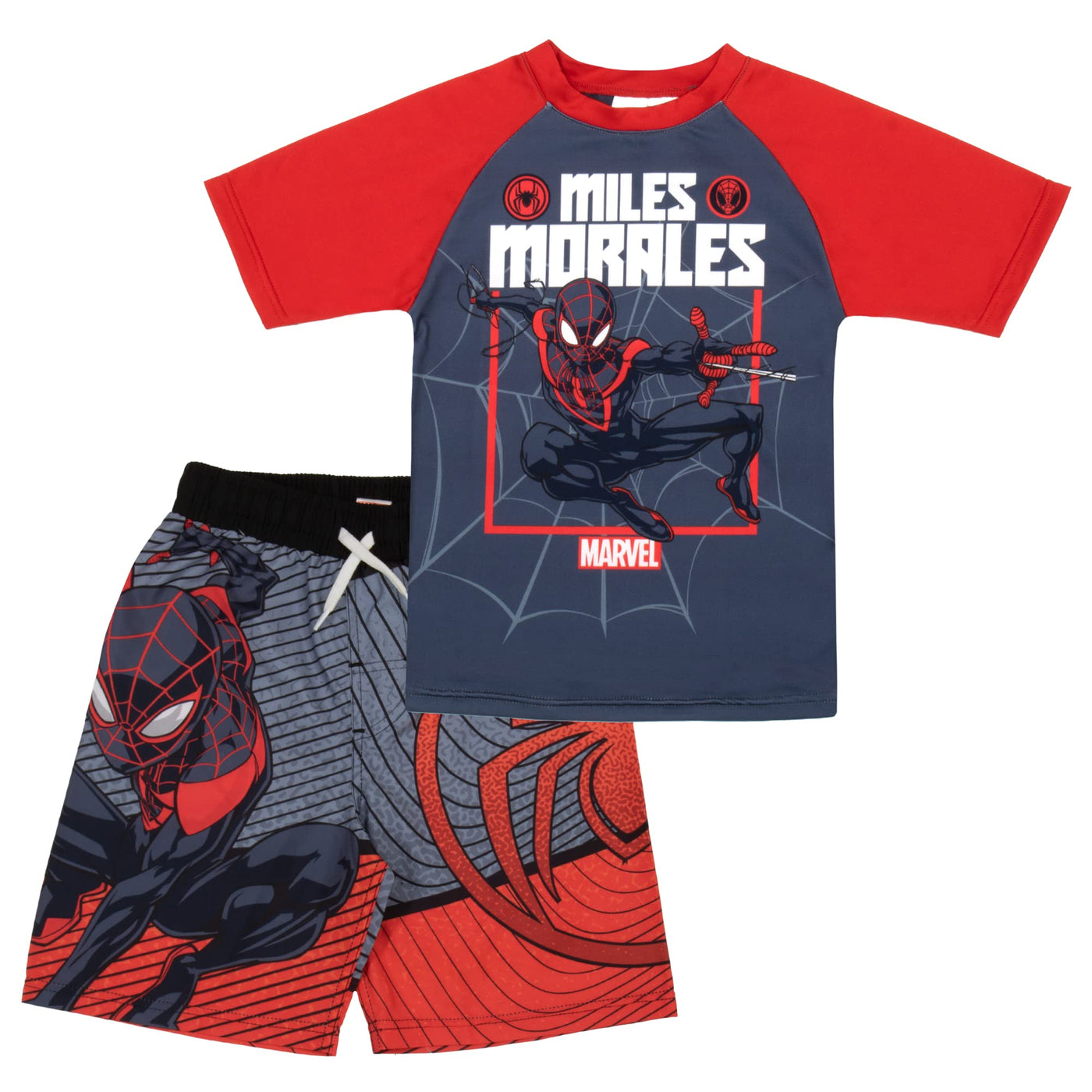 MARVEL Boys Avengers Spiderman Black Panther Miles Morales 2-Piece Swimsuit Set, Rash Guard & Swim Trunks for Boys