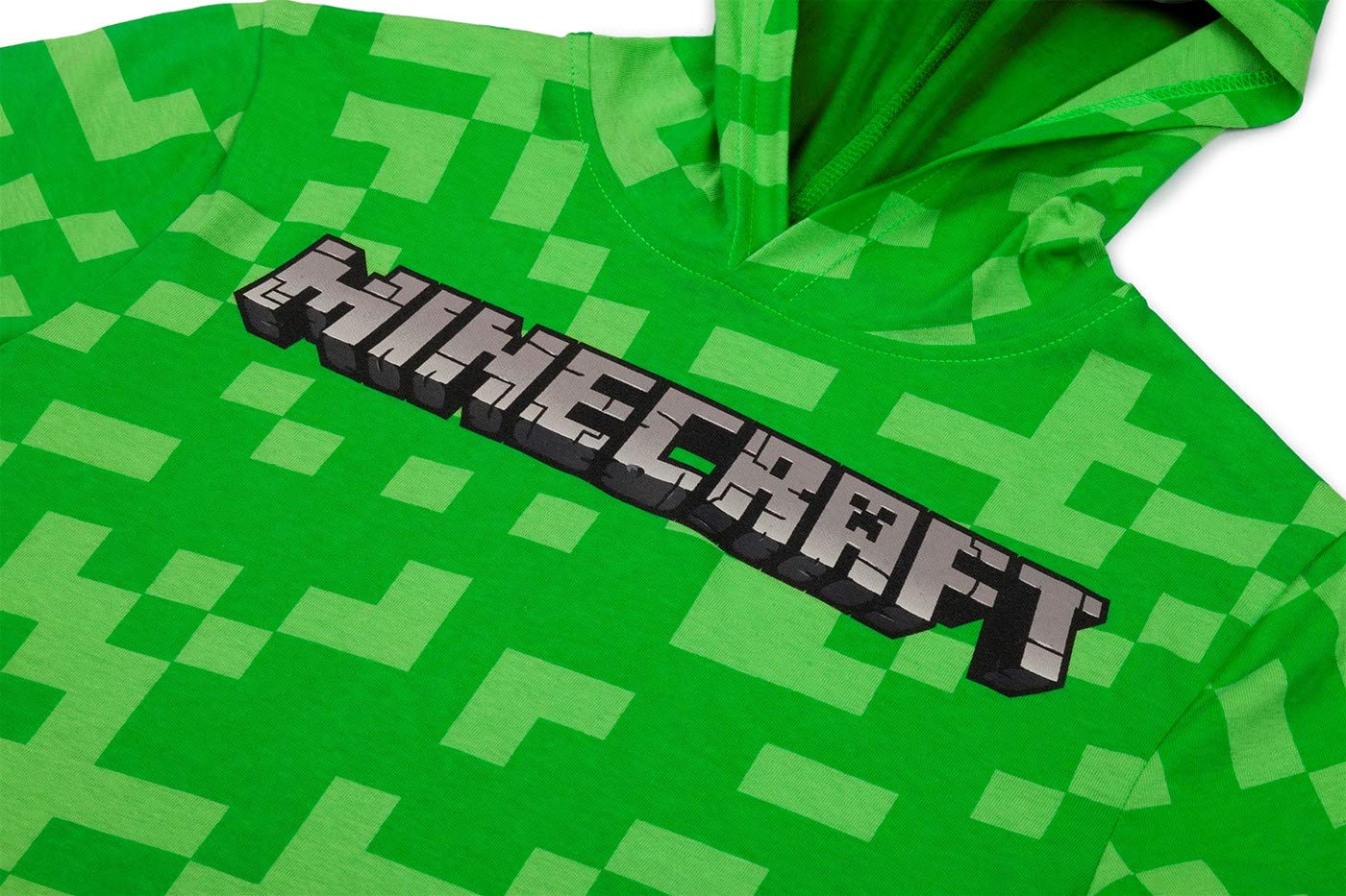 Minecraft Boys Costume Short Set with Black TNT Short and Mincraft Logo on Green Hooded T-Shirt