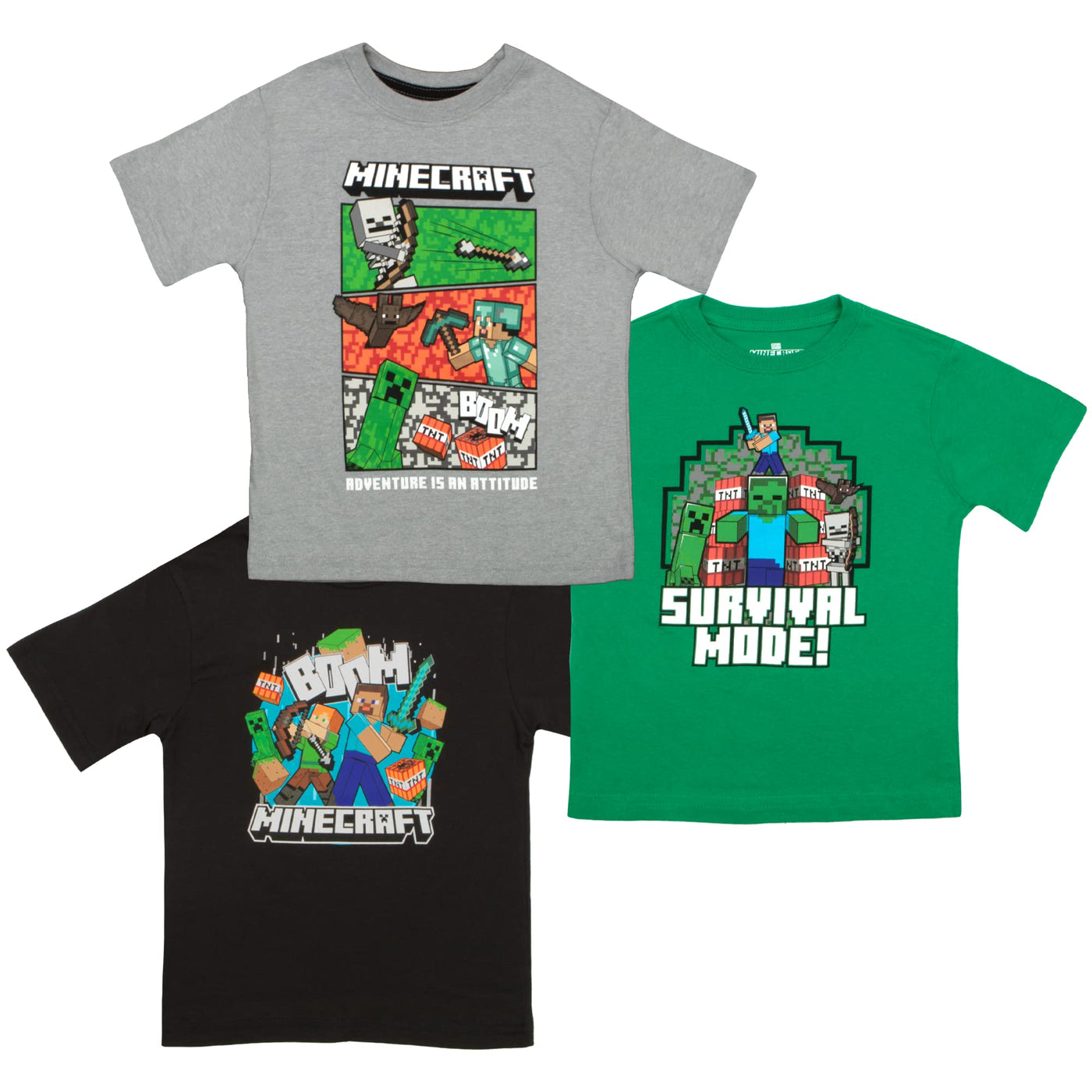 Minecraft Boys Creeper & Characters 3 Colors Short Sleeve T-Shirt Set, 3 Pack