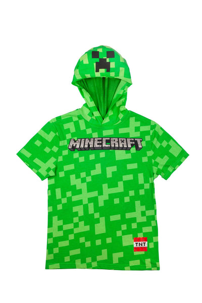 Minecraft Boys Costume Short Set with Black TNT Short and Mincraft Logo on Green Hooded T-Shirt