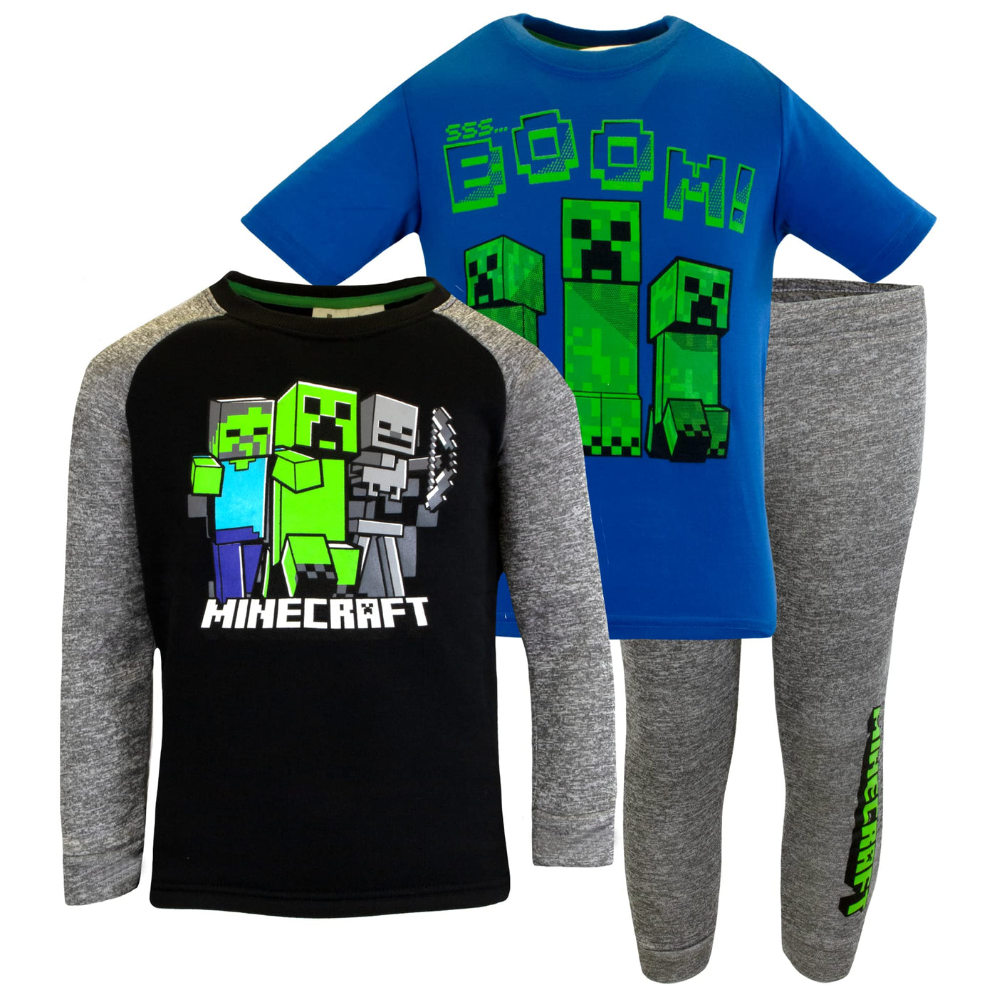 Minecraft Boys 3 Piece Fleece Pants Sets, Crew Neck Sweatshirt, T-Shirt, and Pants 3-Pack Bundle Set for Boys