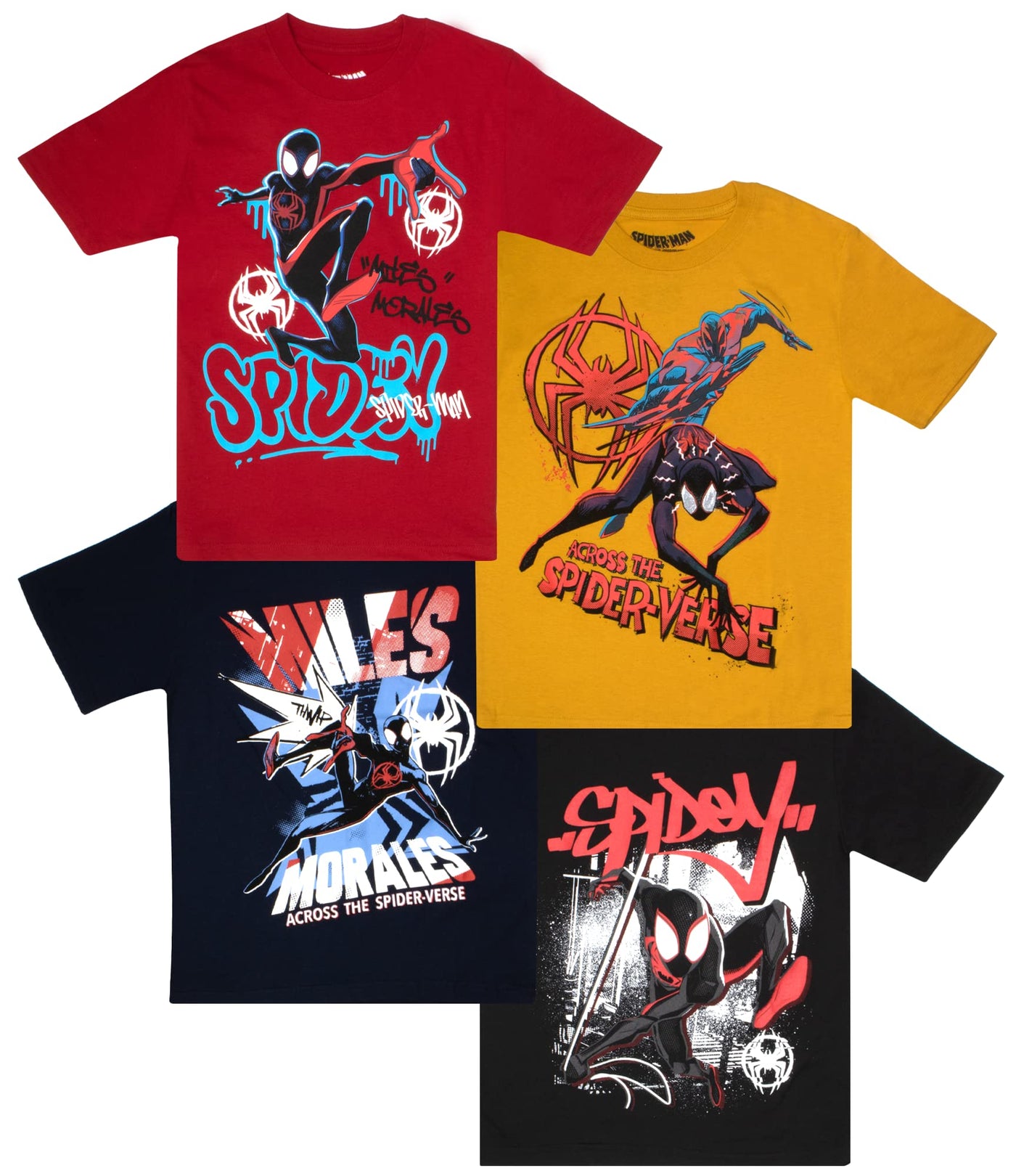 Marvel Spider-Man Spiderverse Avengers Short Sleeve Tee 4-Pack, Miles Morales Spider Gwen Boys 4 Pack T-Shirt Set