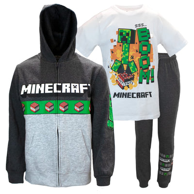 Minecraft Creeper Boys 3-Piece Bundle Set, Zip up Fashion Hoodie, Short Sleeve T-Shirt, and Jogger Sweatpants