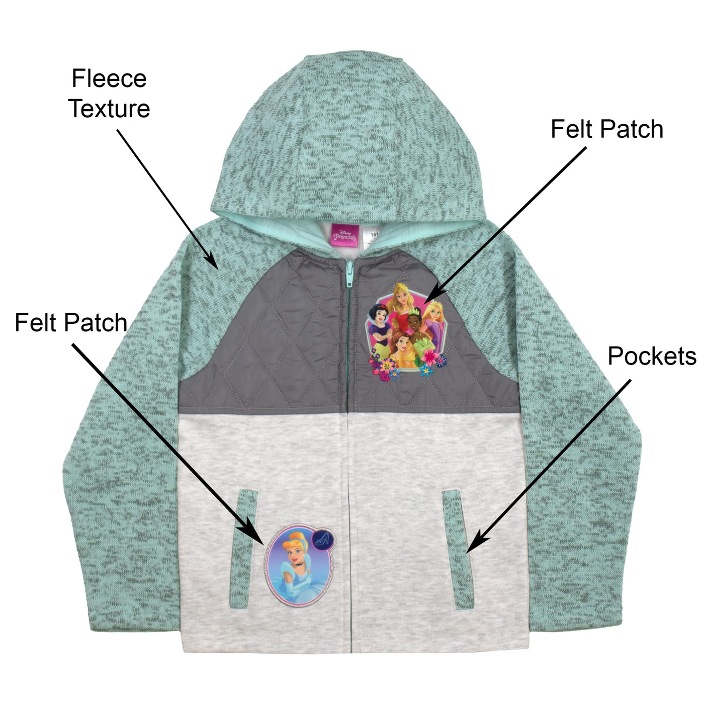 Disney Princess 3Pc Pants Set for Girls, Cinderella, Snow White, Jasmine, Ariel and More Zip-Up Hoodie, T-Shirt, Pants Set